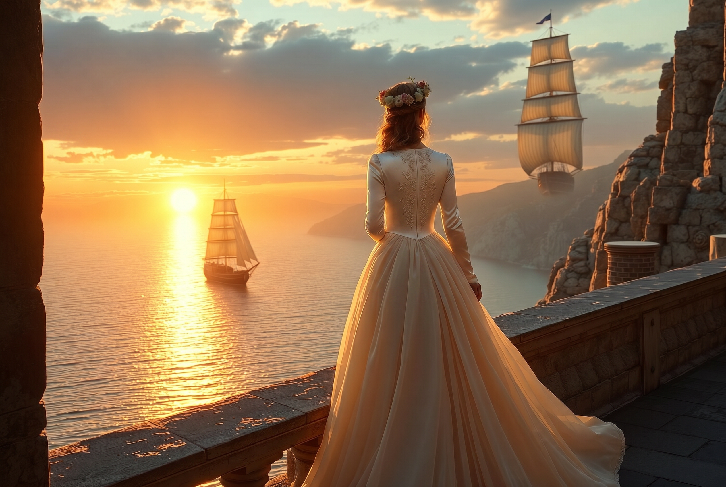 Woman in flowing gown watching a tall ship sail into a golden sunrise